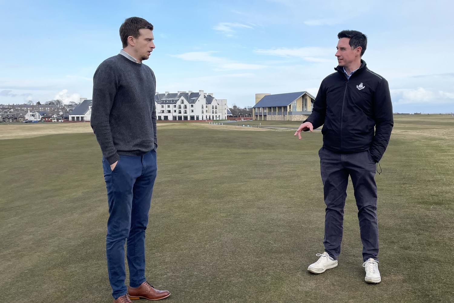 Michael Wells, Chief Executive of Carnoustie Golf Links and Dr Graeme Sorbie of Abertay University outside Links House at Carnoustie